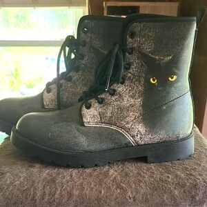 Black Cat Print Combat Boots